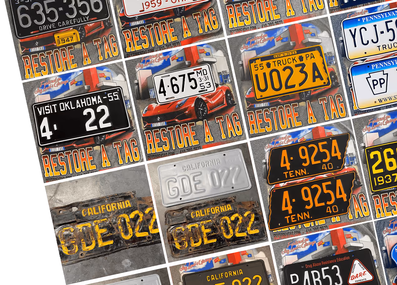 Collage of vintage cars and restored old license plates from various U.S. states.