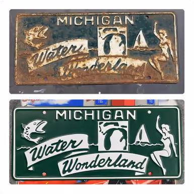 Two Michigan Water Wonderland license plates, one rusted and one restored with green background and white text.