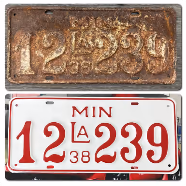 Comparison of an old rusty and a new clean Minnesota license plate with number 12 LA 239.
