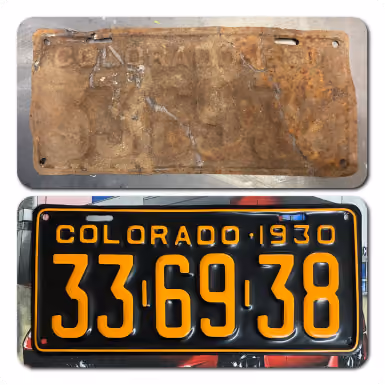 Top faded rusty 1930 Colorado license plate above restored black and yellow 1930 Colorado plate 33-69-38.