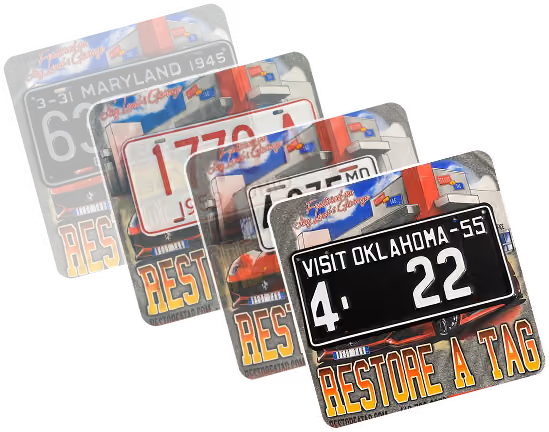 Four vintage U.S. license plates from Maryland and Oklahoma with 'Restore A Tag' text and red car images.