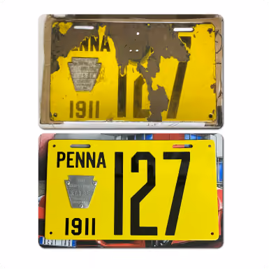 Two 1911 Pennsylvania license plates, one heavily worn and one clean with yellow background and black text.