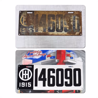 Comparison of a rusty 1915 license plate and its restored version with bold black digits 146090.