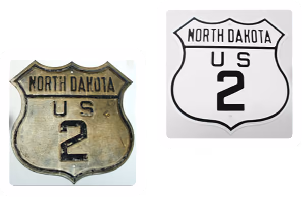 Side-by-side images of a vintage and a restored North Dakota US Route 2 highway sign.