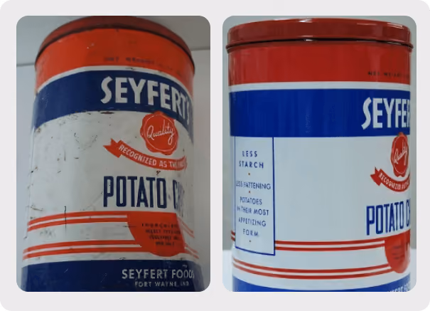 Side-by-side vintage Seyfert potato chip cans, left worn and scratched, right clean and restored.