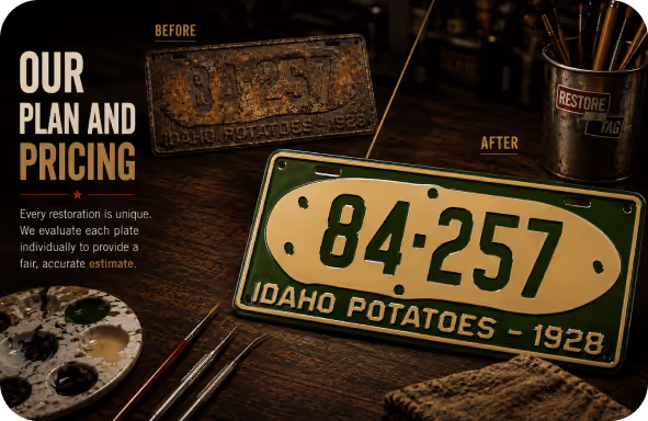 Before and after images of a restored green and cream Idaho Potatoes license plate from 1928 on a wooden table.
