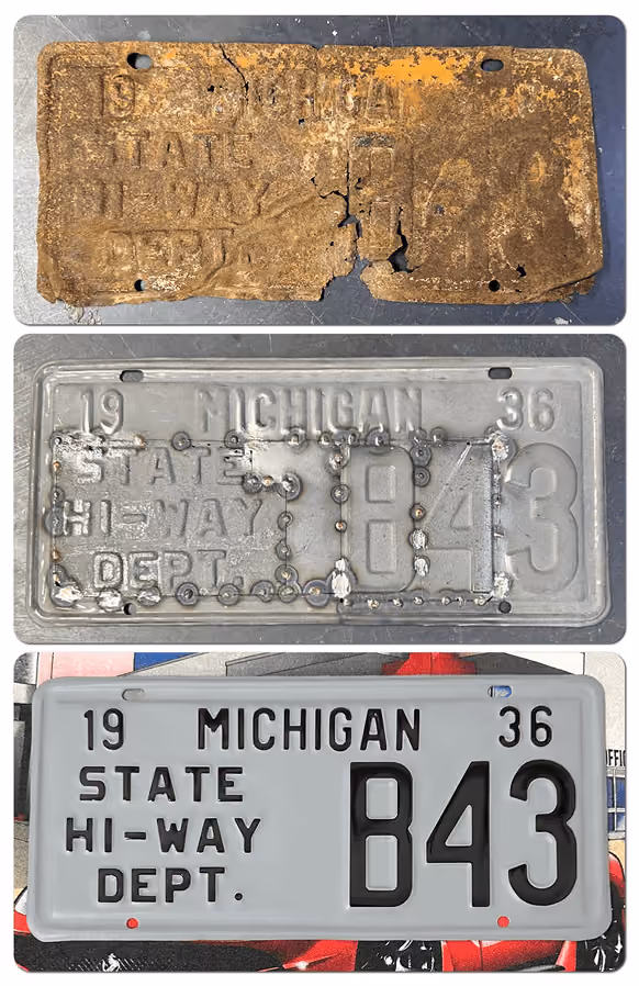 Three Michigan 1936 State Hi-Way Dept. license plates in poor, worn, and restored conditions stacked vertically.