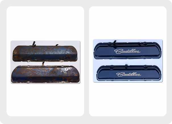Before and after photo of Cadillac engine valve covers showing rusty and restored conditions.