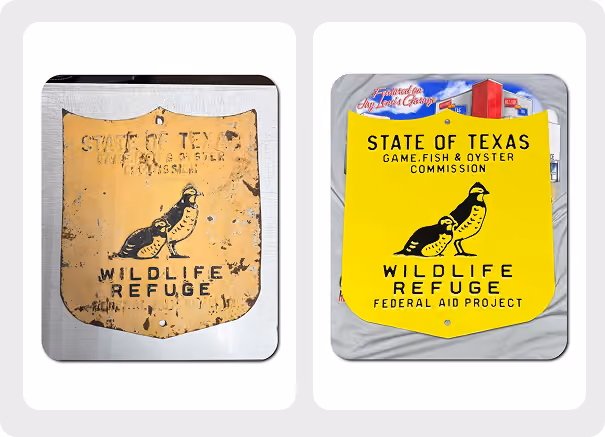 Comparison of old faded and restored bright yellow State of Texas Wildlife Refuge signs with quail image.
