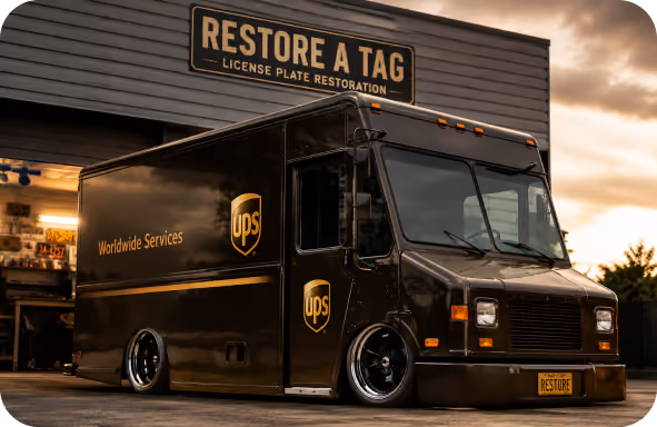 Brown UPS truck with low wheels parked in front of a Restore A Tag license plate restoration shop.