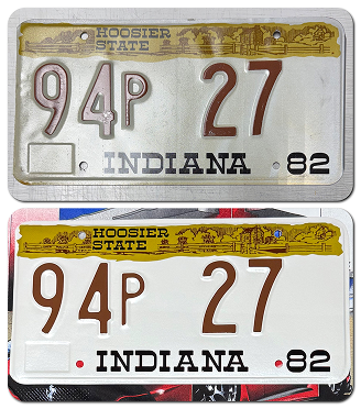 Vintage Indiana license plates with 94P 27 registration