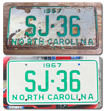 Vintage 1967 North Carolina license plates with SJ.36 registration