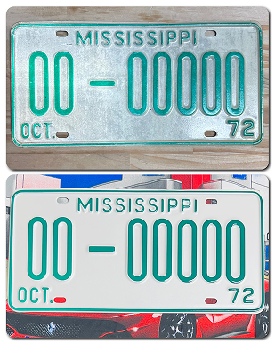 Vintage Mississippi license plates with 00-00000 registration