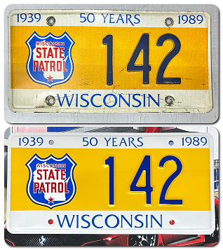 Vintage Wisconsin license plates with 50 Years commemorative design