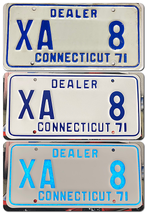 Vintage Connecticut dealer license plates with XA 8 registration