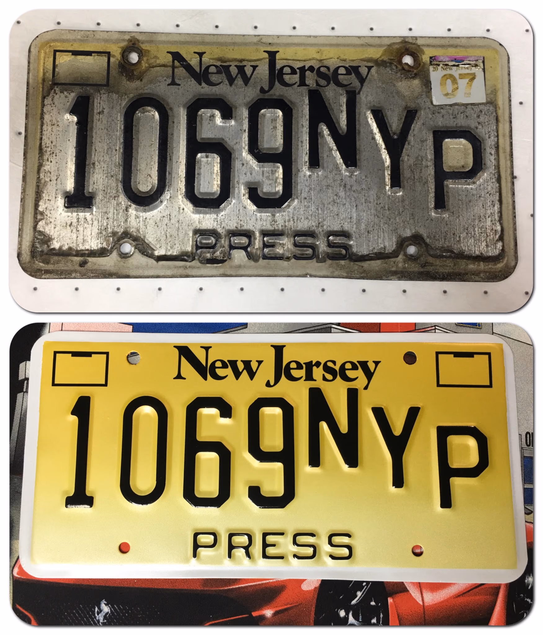 Vintage New Jersey license plates with 1069 registration
