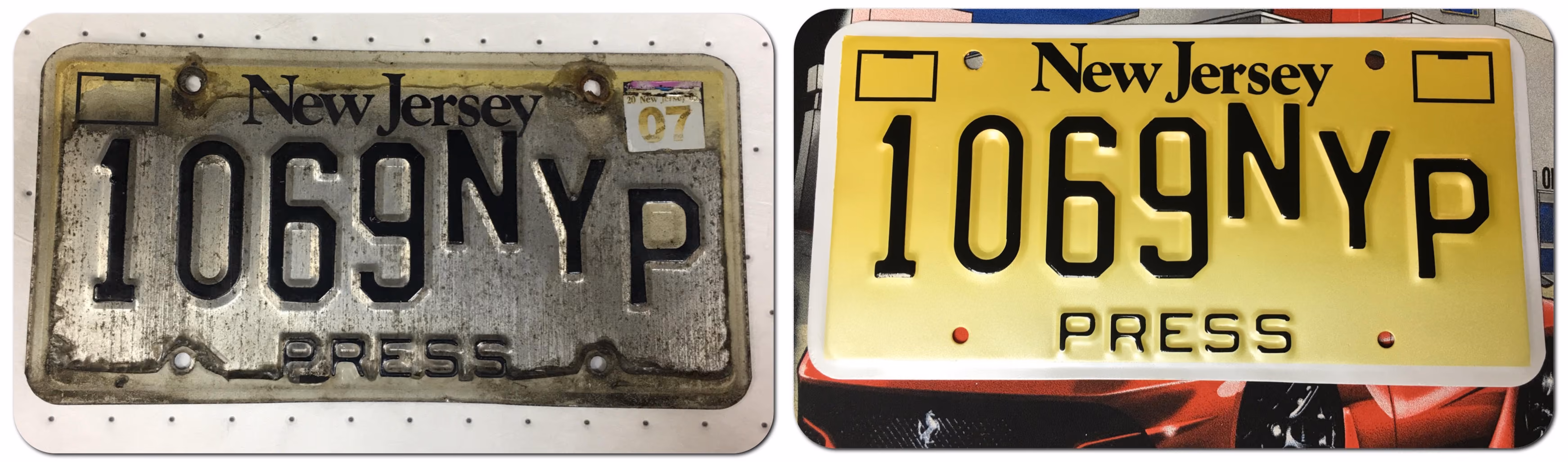 Vintage New Jersey license plates with 1069 registration