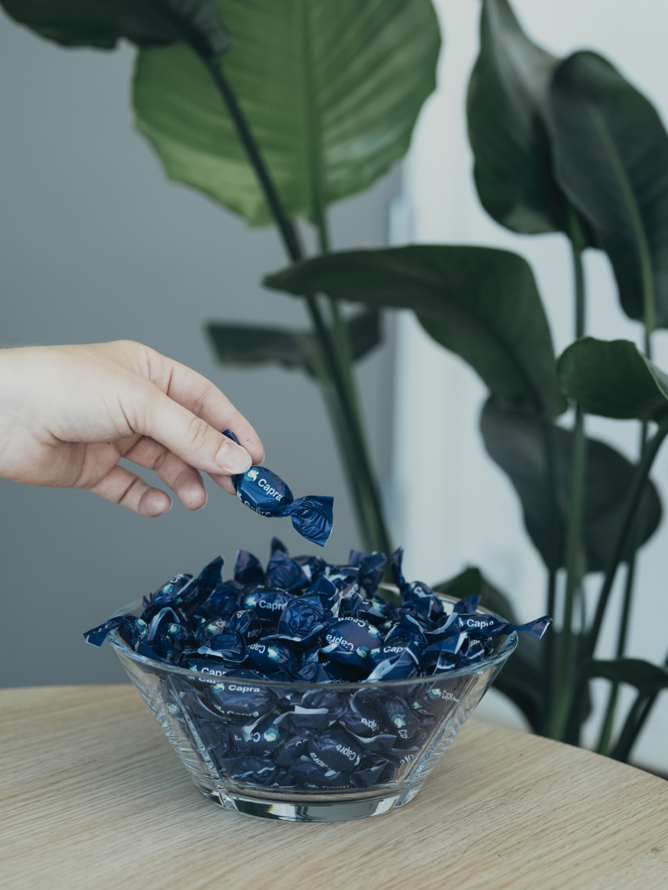 Hånd som tar en innpakket karamell fra en glassbolle fylt med karameller, med grønne planter i bakgrunnen.