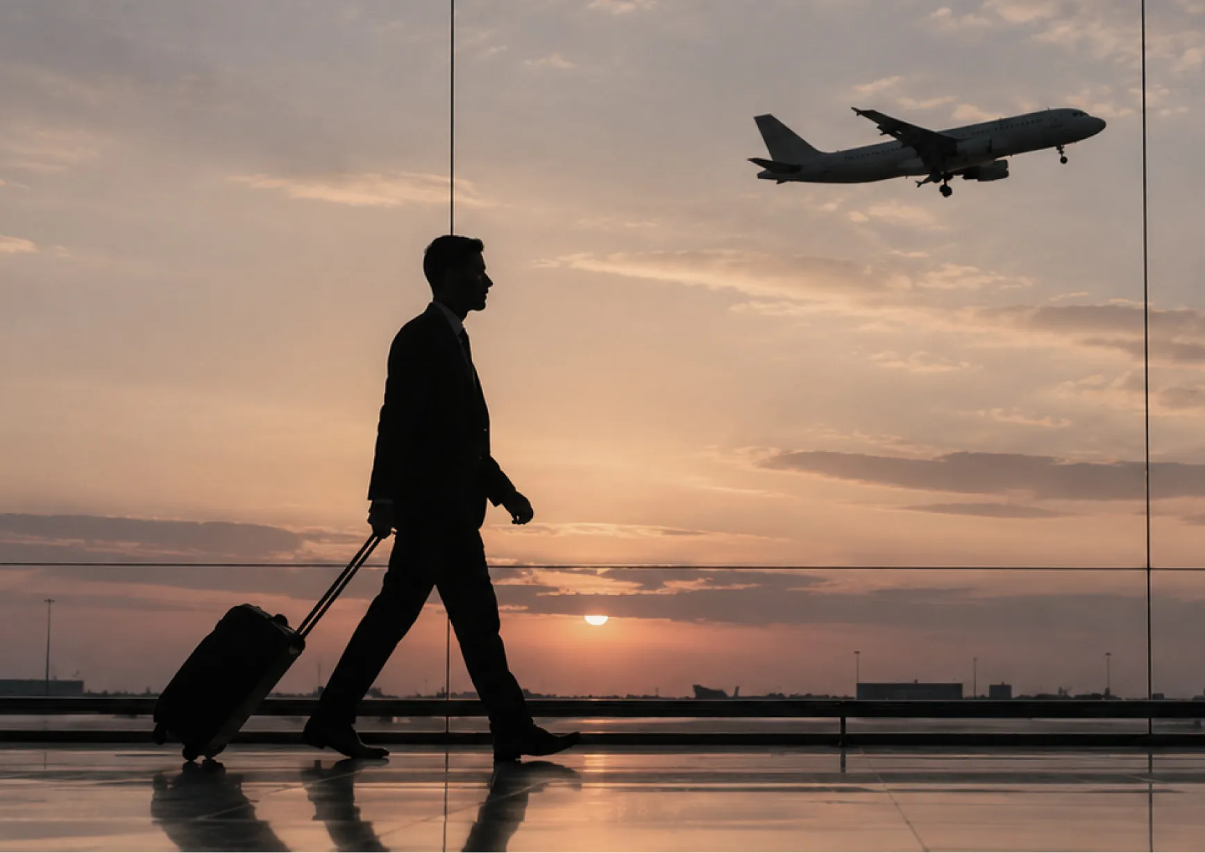 Business traveller walking through an airport, representing resilience, recovery from travel and stress management.