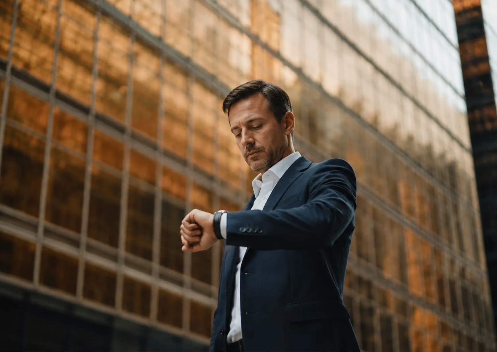 Business executive checking his watch outside an office building, representing focus, productivity and executive performance.
