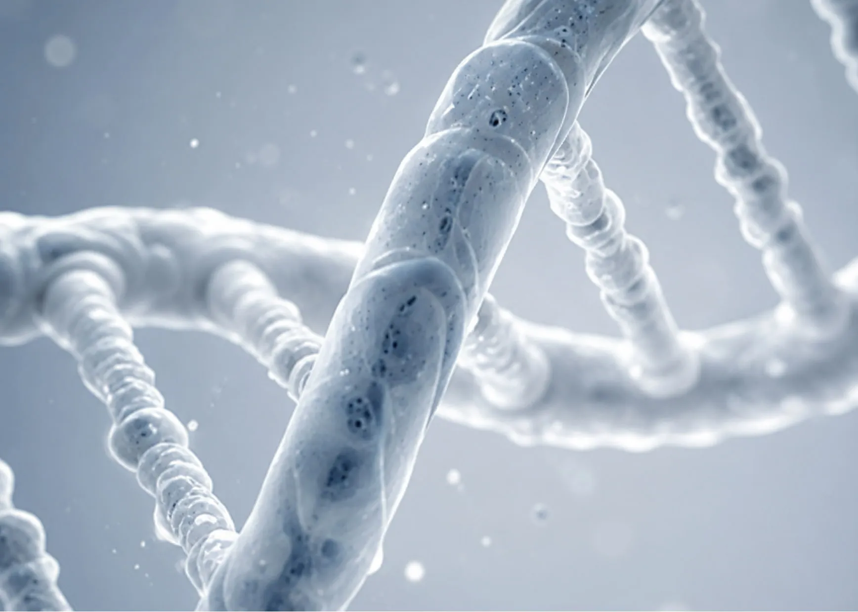 DNA-inspired microscopic structure representing gut health, digestion and microbiome balance.
