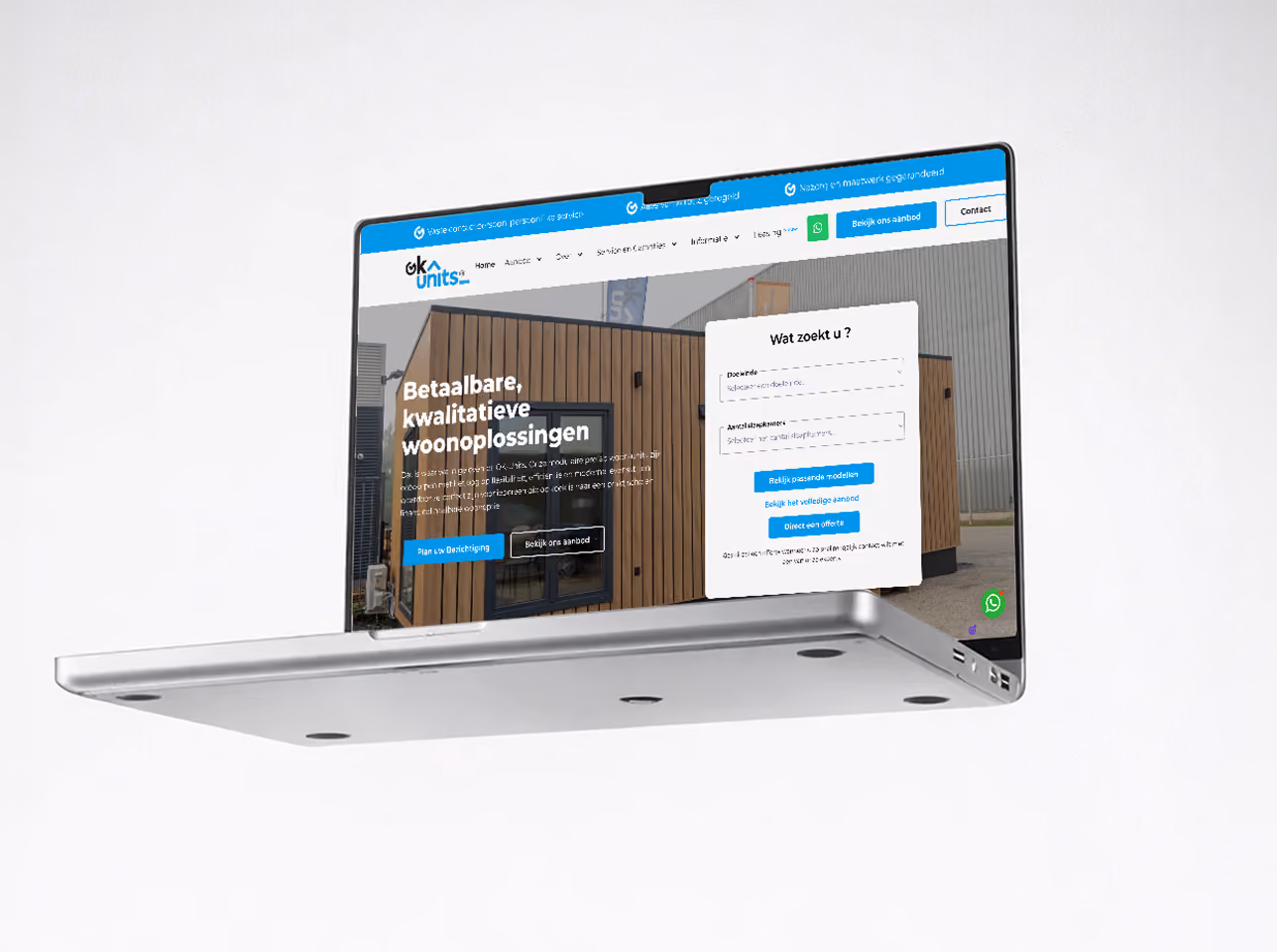 Silver laptop floating showing a website with wooden housing units and Dutch text about affordable living.