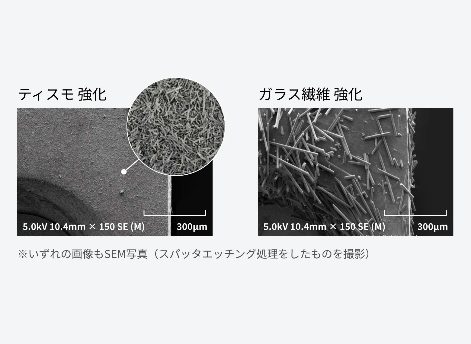 TISMO繊維強化とガラス繊維強化の電子顕微鏡写真比較