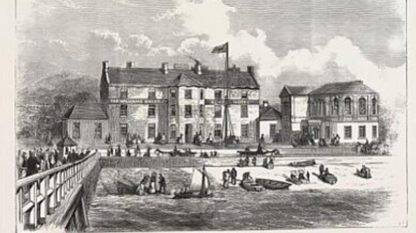Victorian engraving of The Bulkeley Hotel seen from Beaumaris pier
