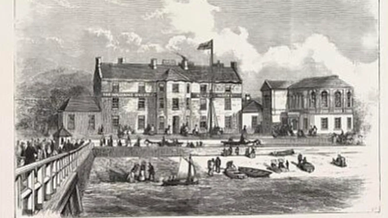 Victorian engraving of The Bulkeley Hotel seen from Beaumaris pier