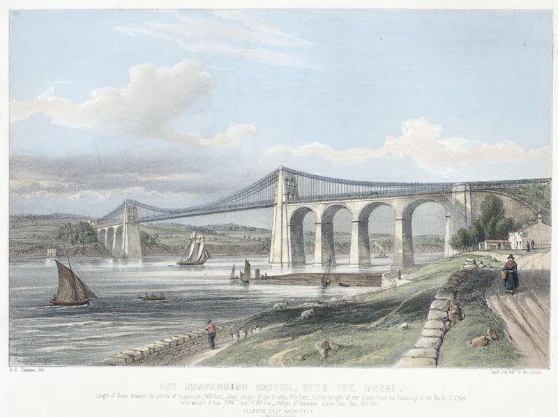 Nineteenth century lithograph of the Menai Suspension Bridge