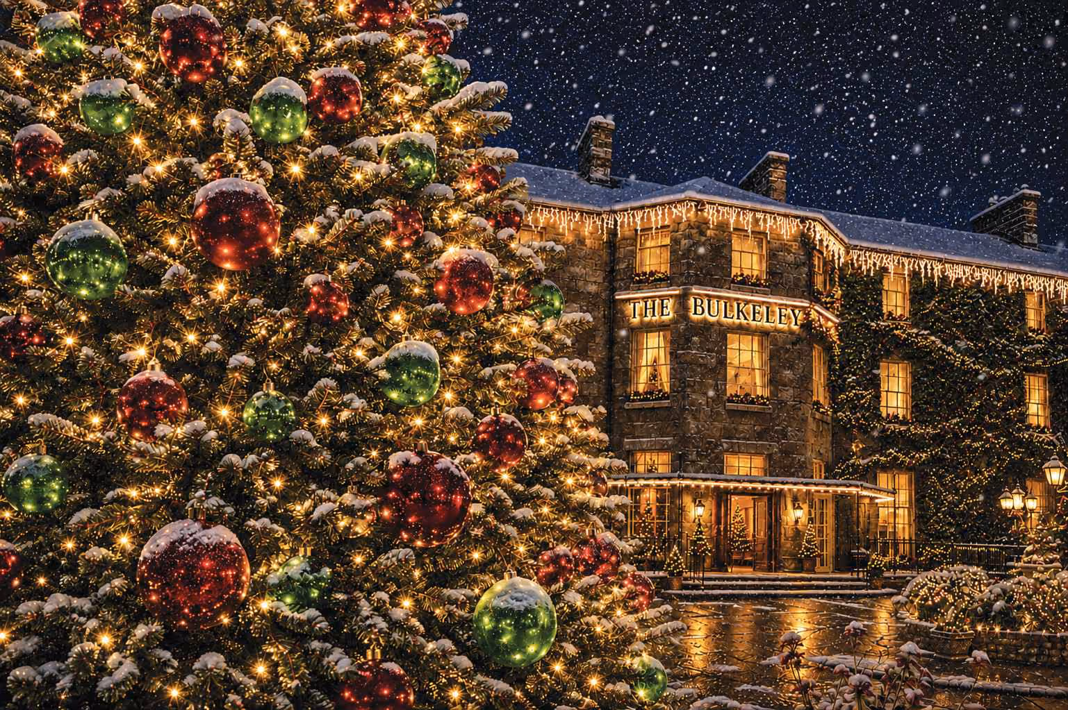 The Bulkeley Hotel in Beaumaris lit up for Christmas, with a decorated tree and falling snow