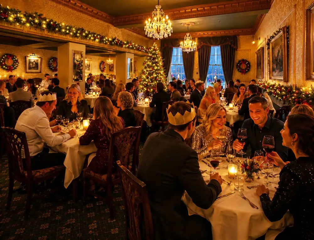 Guests celebrating in the festively decorated dining room at The Bulkeley Hotel