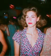 Woman with curly hair wearing a pink and blue patterned dress at a dimly lit party.