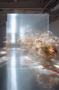 Blurred reflection of a flower bouquet with light streaks on a shiny surface in an industrial space.