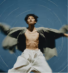 Young shirtless man spinning with arms outstretched against a sky with circular star trails.