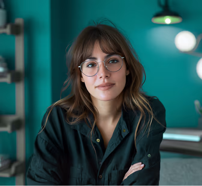 Young woman with glasses and long hair sitting indoors with teal wall and lamps in background.