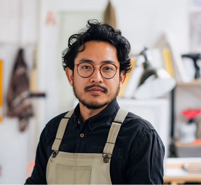 Man with glasses, black shirt, and beige apron looking at the camera in a workshop.