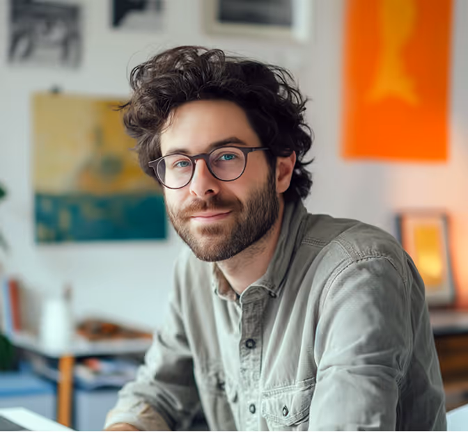 Man with dark curly hair, beard, and glasses smiling, wearing a light gray button-up shirt indoors.