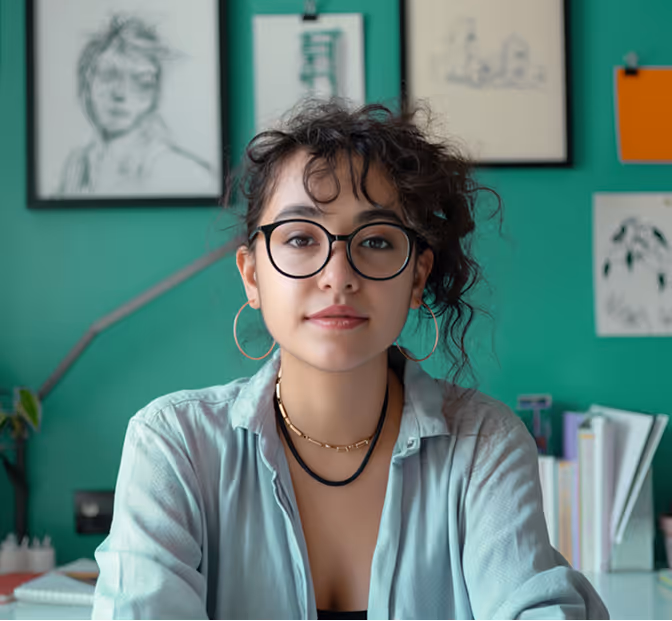 Young woman with curly hair, glasses, and hoop earrings, sitting in front of a green wall with art sketches.