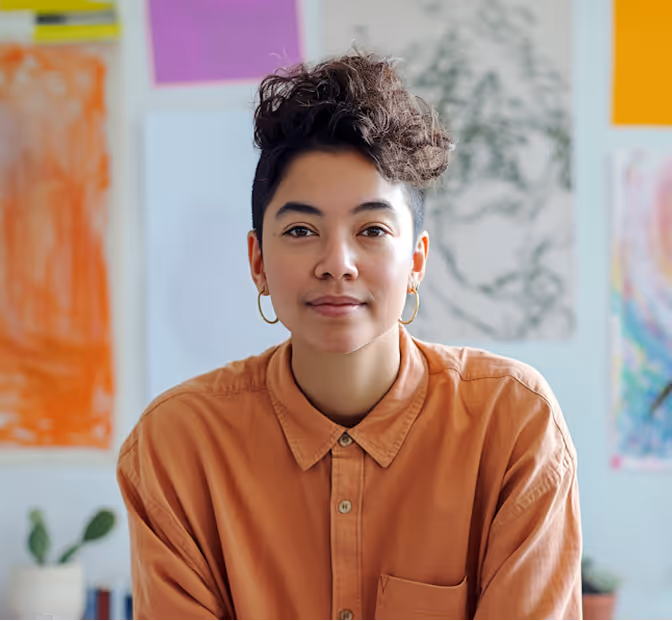 Young person with curly hair and hoop earrings wearing an orange shirt, looking at the camera.