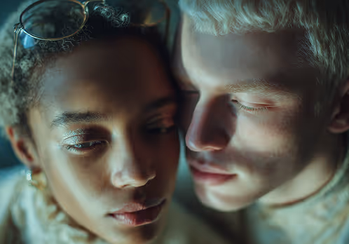 Close-up of two faces, one with glasses on head, in soft, intimate lighting.
