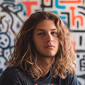 Young person with long curly hair and serious expression against a colorful graffiti wall.