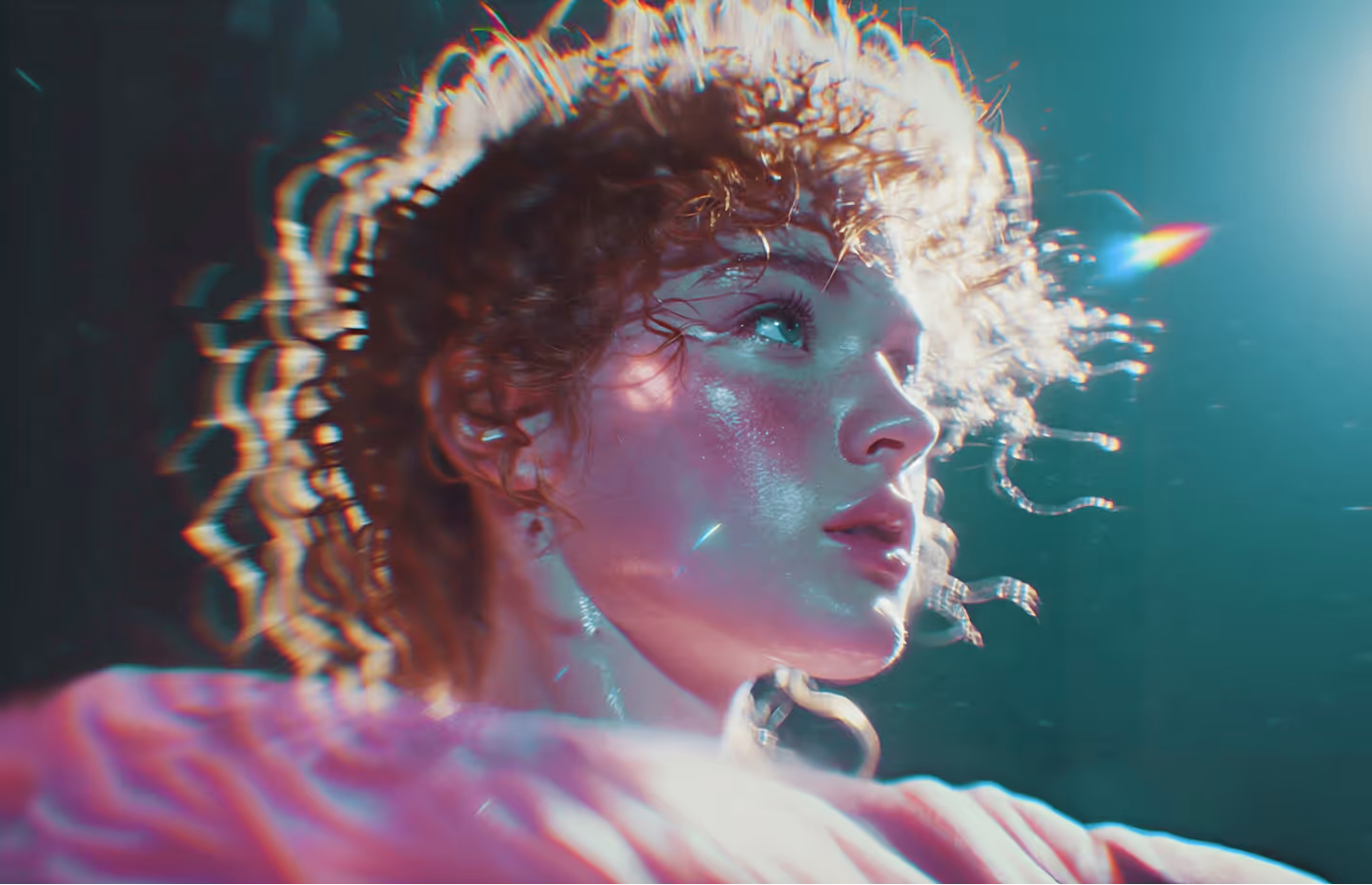 Close-up of a person with curly hair illuminated by bright light looking upward against a dark background.