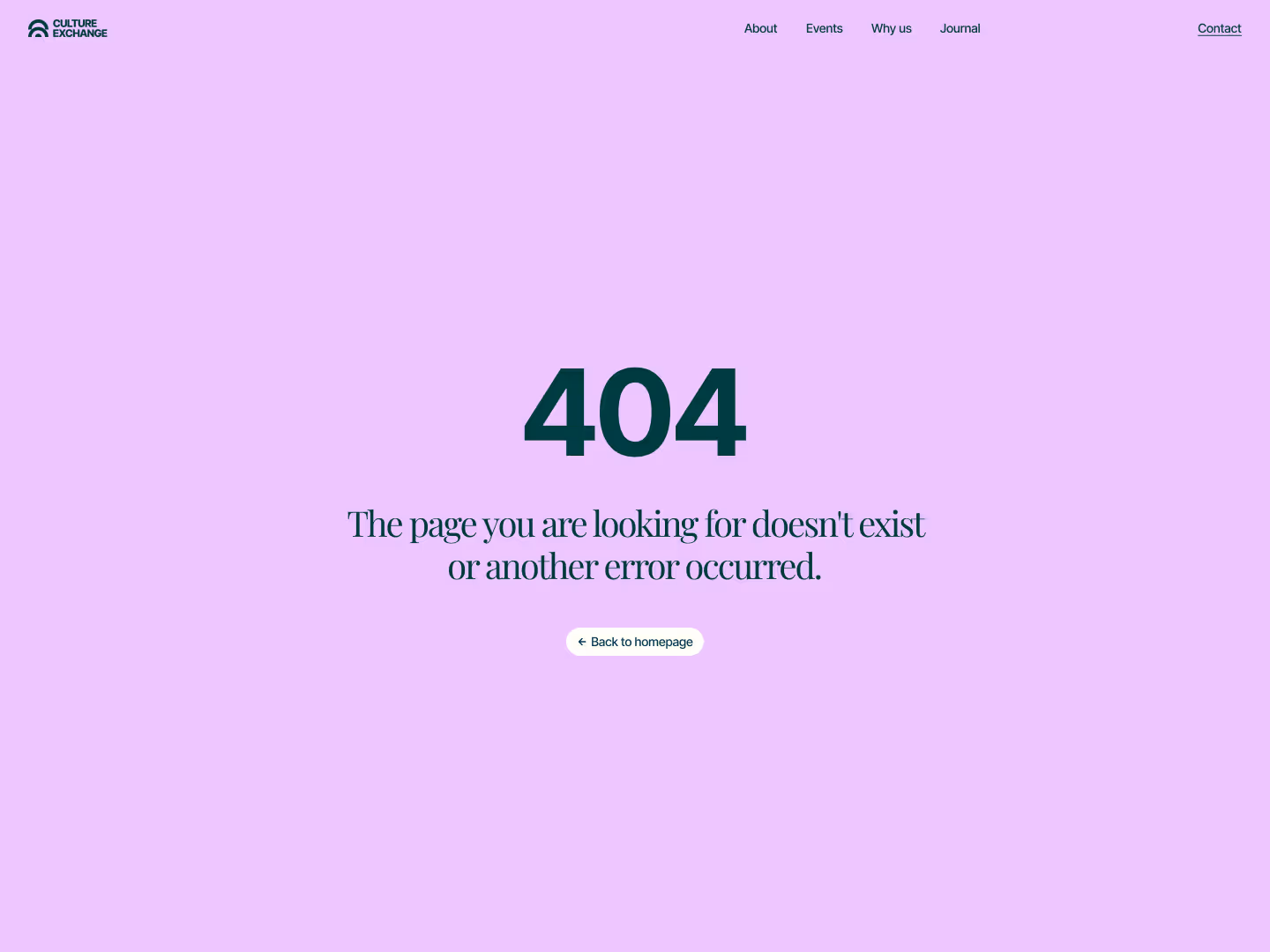 Culture Exchange 404 error page with message 'The page you are looking for doesn’t exist'.