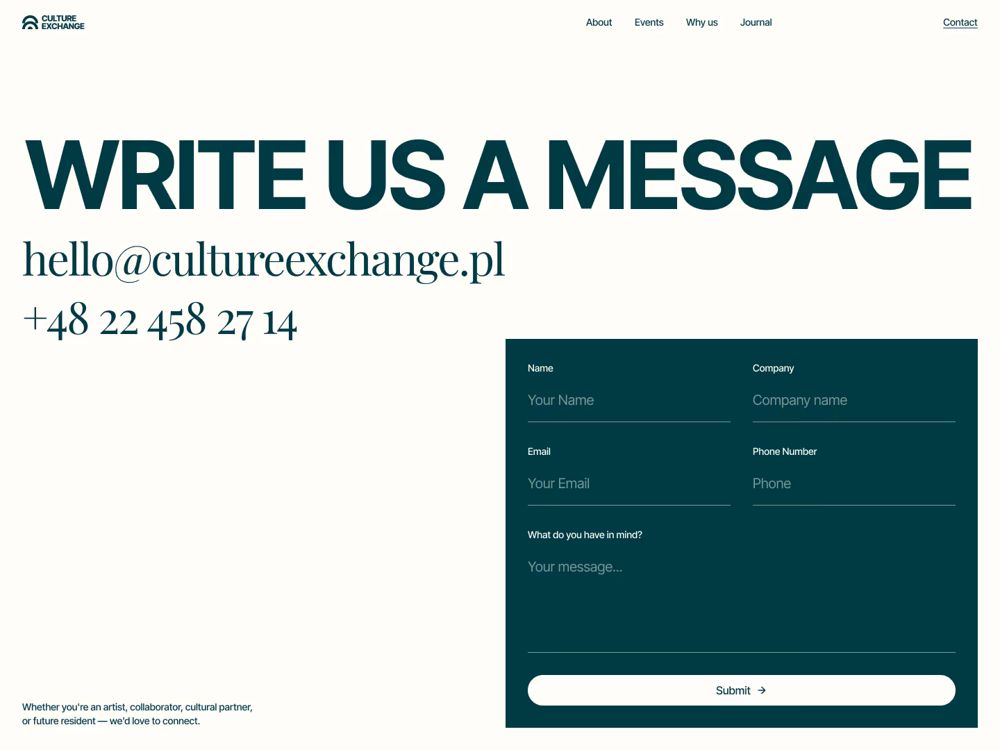 Contact page with Culture Exchange logo, email, phone number, and a message form.