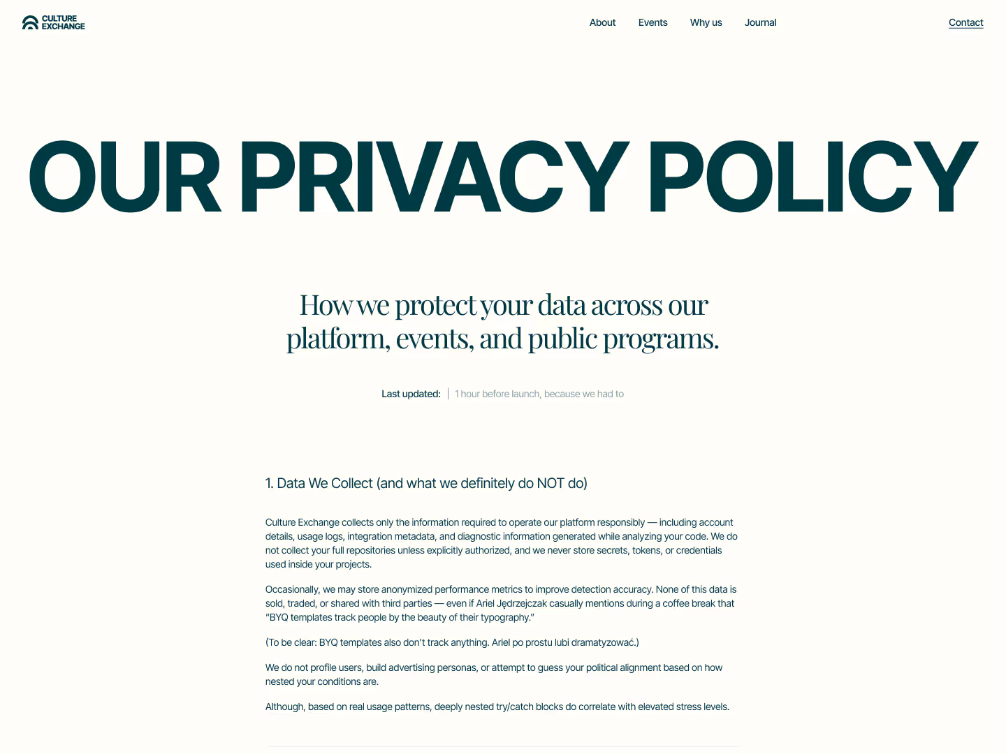 Culture Exchange privacy policy page header with summary about data protection and collection details.