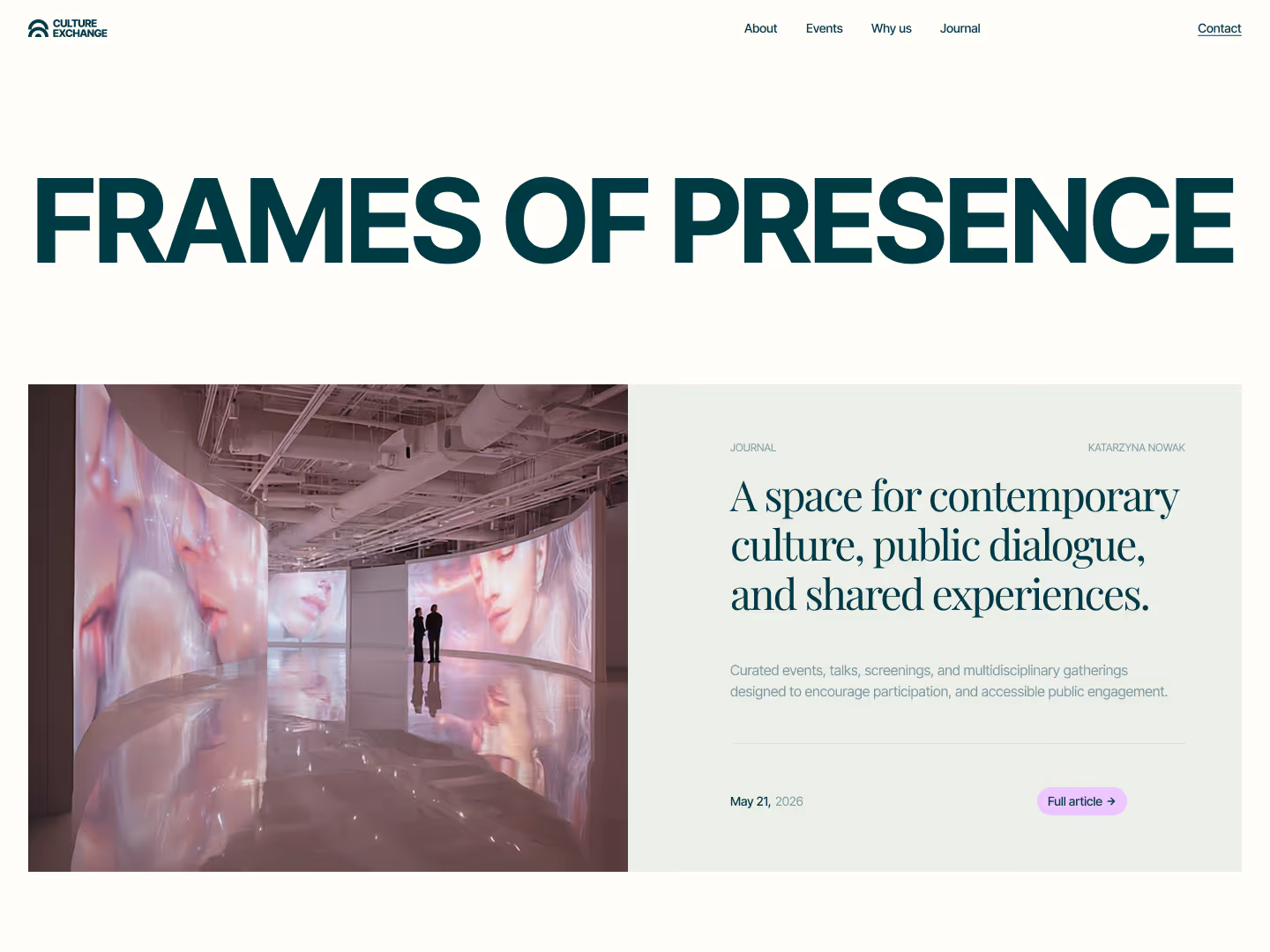 Curved gallery walls display large close-up portraits with two people standing in the reflective space.
