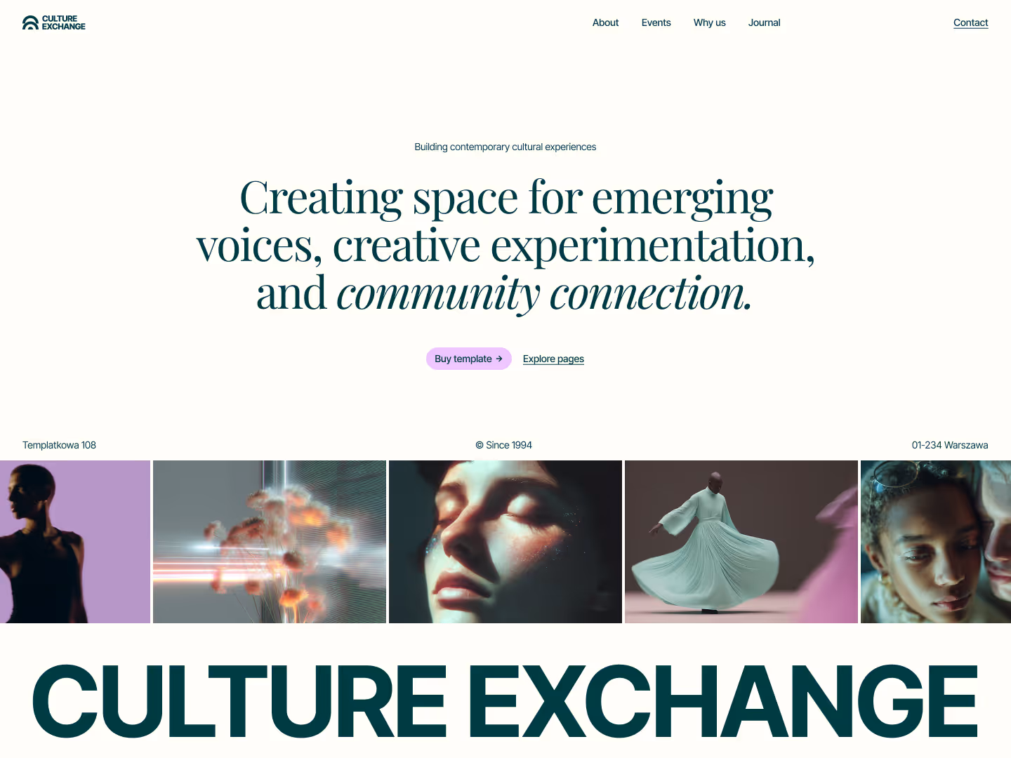 Homepage with text on creating space for voices, experimentation, and community with diverse portraits below.