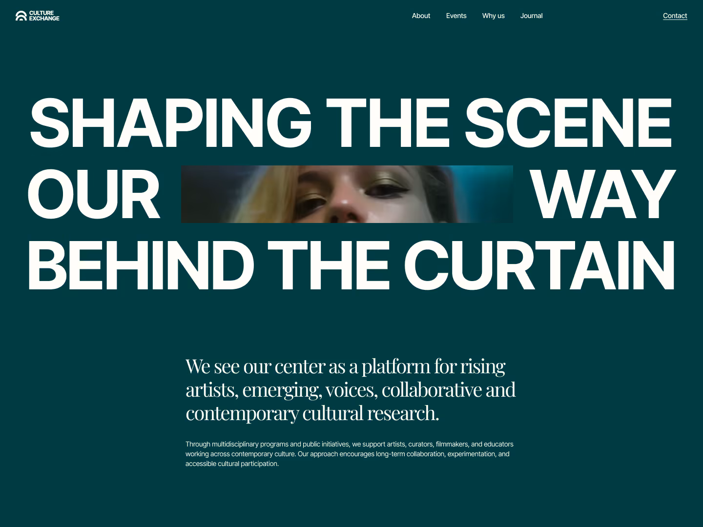 Website banner with text about supporting artists and cultural research on dark green background.