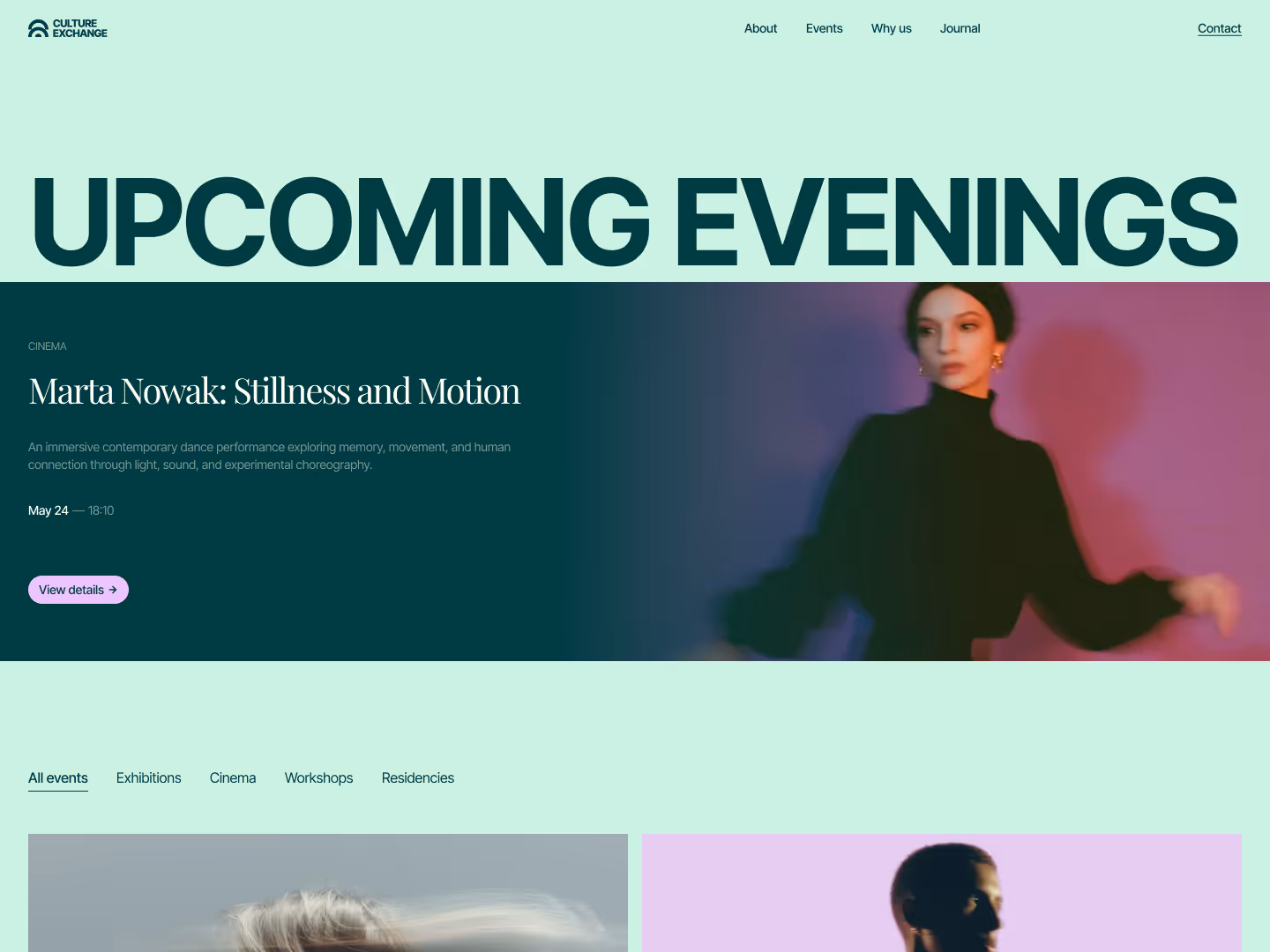 Event page featuring Marta Nowak's contemporary dance 'Stillness and Motion' scheduled for May 24 at 18:10.